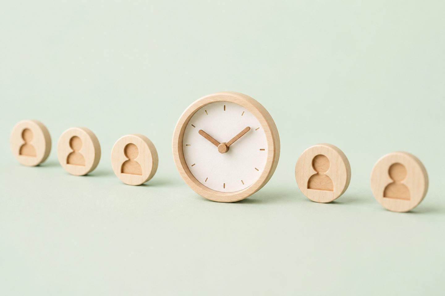 Une file de jetons de bois figurant des personnes, interrompue par une horloge posée au milieu.